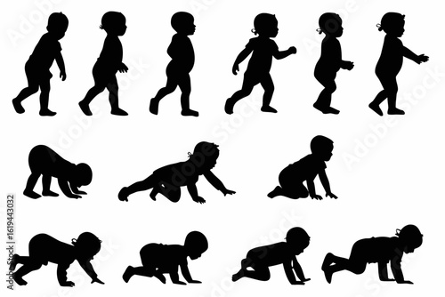 Set of black silhouettes illustrating a baby's developmental milestones, showing the sequence from crawling to walking.