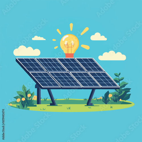 A vector illustration of solar panels absorbing sunlight with a lightbulb symbolizing energy, representing clean energy generation from solar power