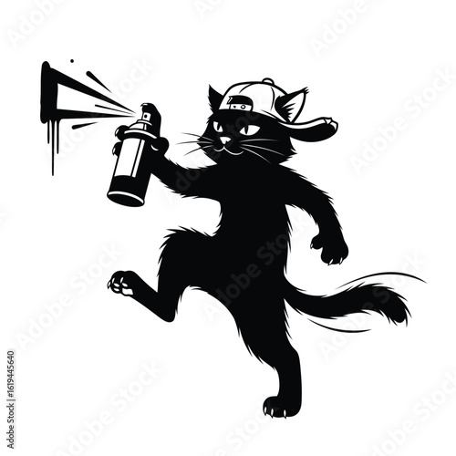 Black cat spray painting wall spray can graffiti