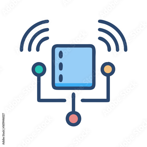 Stylized wireless network icon with colorful connections on black