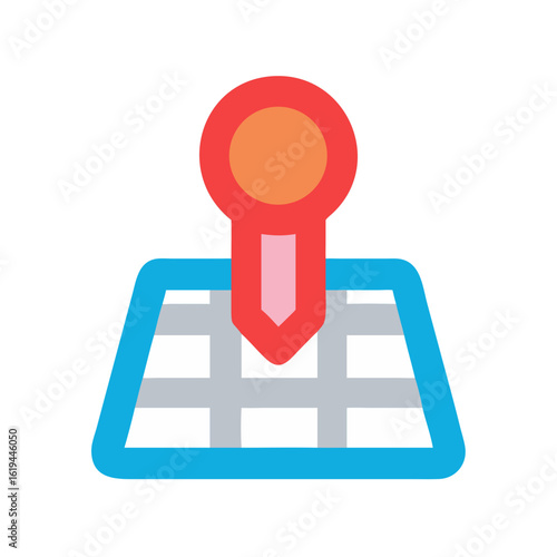 Stylized location marker icon over a map grid graphic