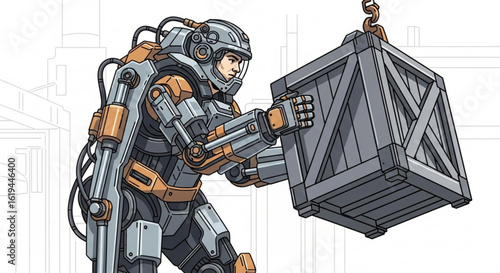 Illustration of futuristic worker in exoskeleton suit lifting crate with chain industrial concept art