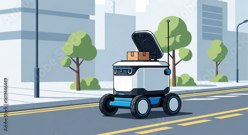 Autonomous delivery robot carrying package in city street for urban logistics and automation concept