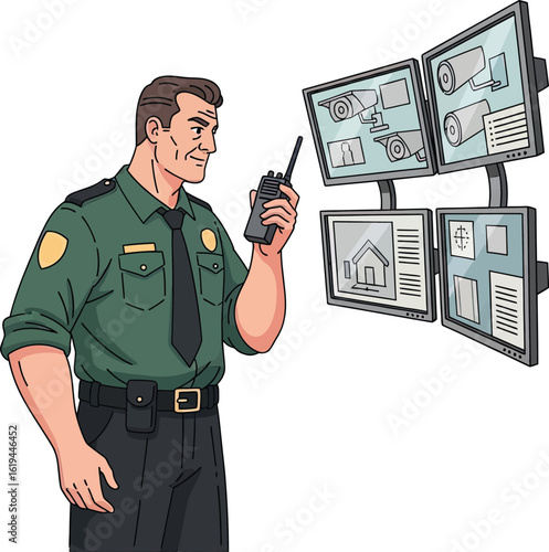 A security guard in a green uniform monitors multiple CCTV surveillance screens while communicating on a walkie-talkie.