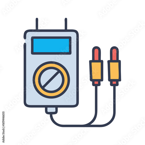 Illustration of digital multimeter and connection cables against black
