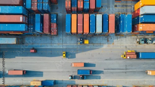 High-angle aerial view of a massive container ship docked at a busy industrial port, surrounded by colorful shipping containers, cranes, and blue water, captured in bright sunlight, 4K