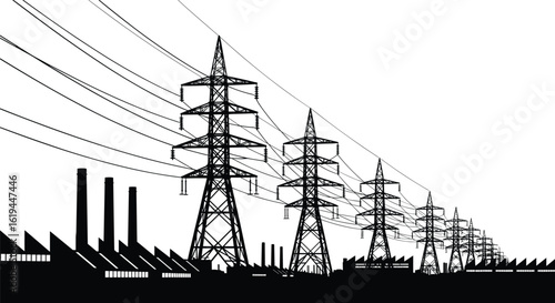High voltage power lines, electricity transmission towers, industrial factory background, energy distribution infrastructure, silhouette vector illustration, electric grid network system
