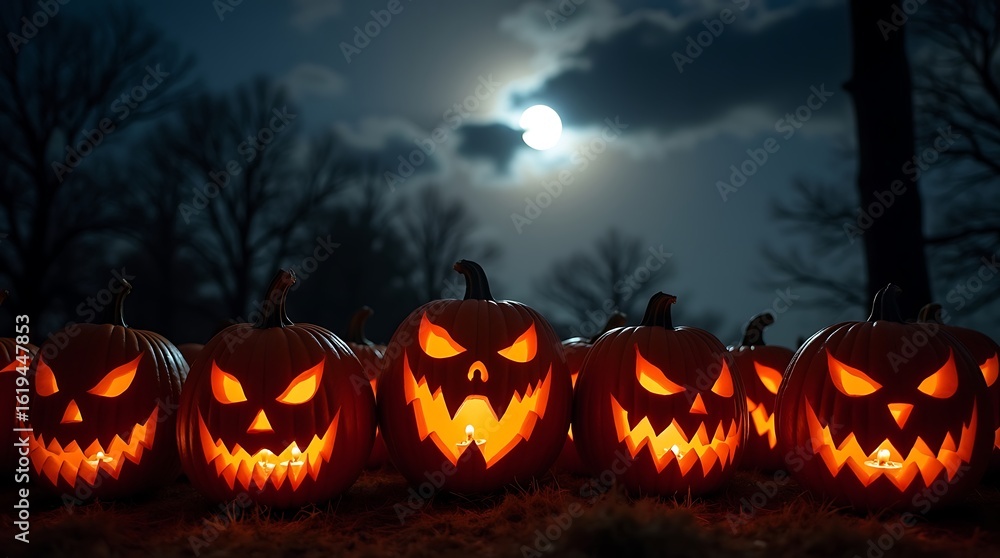 Row of glowing carved halloween pumpkins with spooky faces under a full moon at night Row of glowing carved halloween pumpkins with spooky faces under a full moon at night