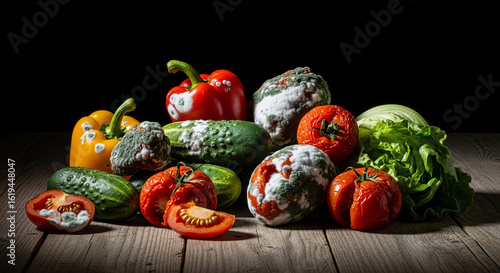 Still life of decaying and spoiled vegetables on a wooden table, concept of food waste