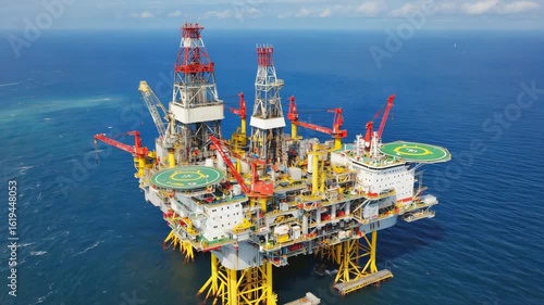 Aerial view of a large offshore oil platform surrounded by deep blue ocean, showing helipads, cranes, and industrial equipment, photographed in daylight, 4K