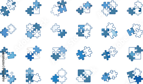 Collection of blue jigsaw puzzle pieces demonstrating problem solving teamwork and connections