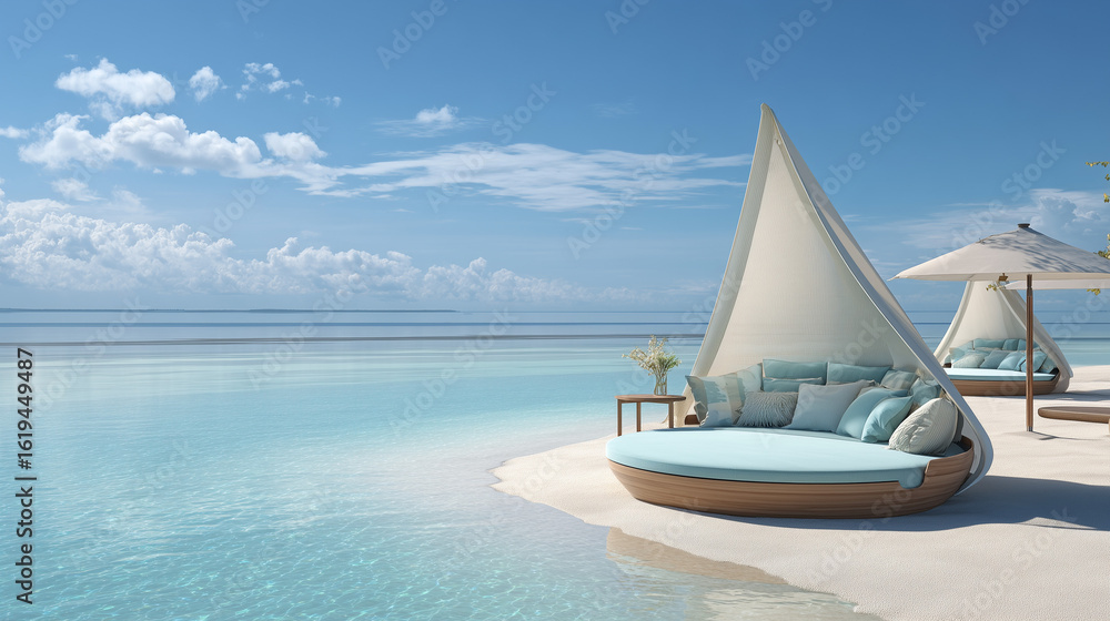 Obraz premium Beach cabanas with blue cushions on white sand under a bright sky with scattered clouds view of ocean