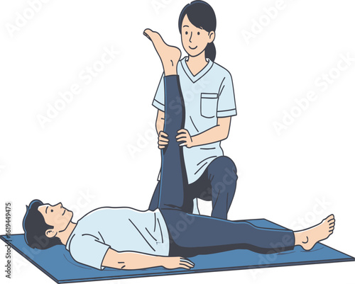 A medical professional assists a patient lying on a mat, gently lifting and stretching their leg to improve flexibility and aid recovery.