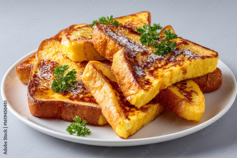 French toast with powdered sugar and parsley garnish on white plate French toast with powdered sugar and parsley garnish on white plate