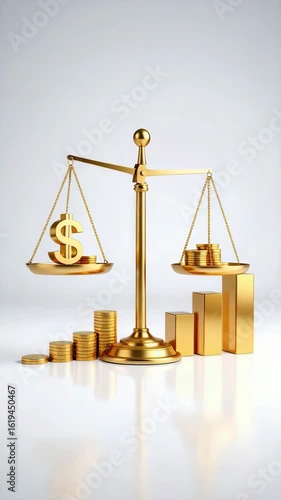 Golden business graph with dollar sign and balance scale featuring gold coin stacks symbolizing financial growth and business value graph bars