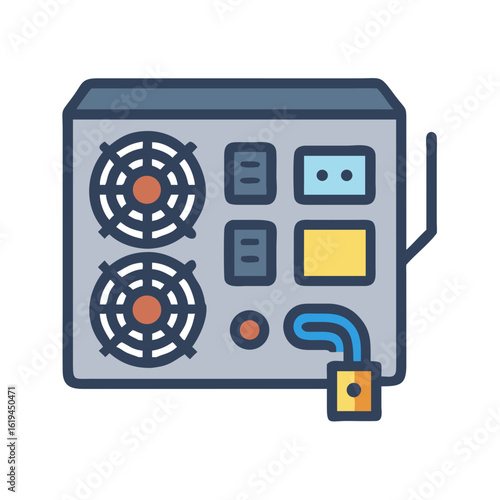 Computer power supply unit with fans and cable icon