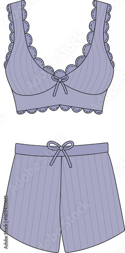 Lingerie, bralette, shorts, sleepwear, nightwear, women’s pajama set, lace trim, fashion flat, vector illustration, CAD sketch, striped fabric, stylish, cute
