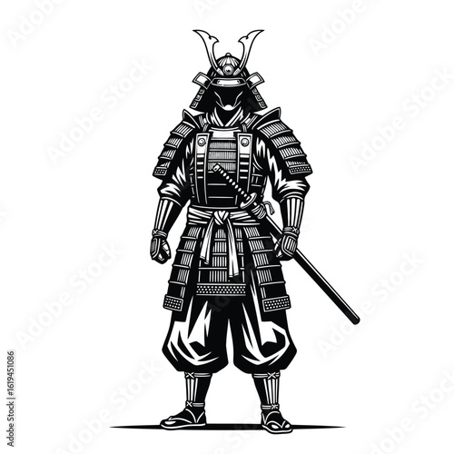 Warrior in ornate armor with sword samurai helmet