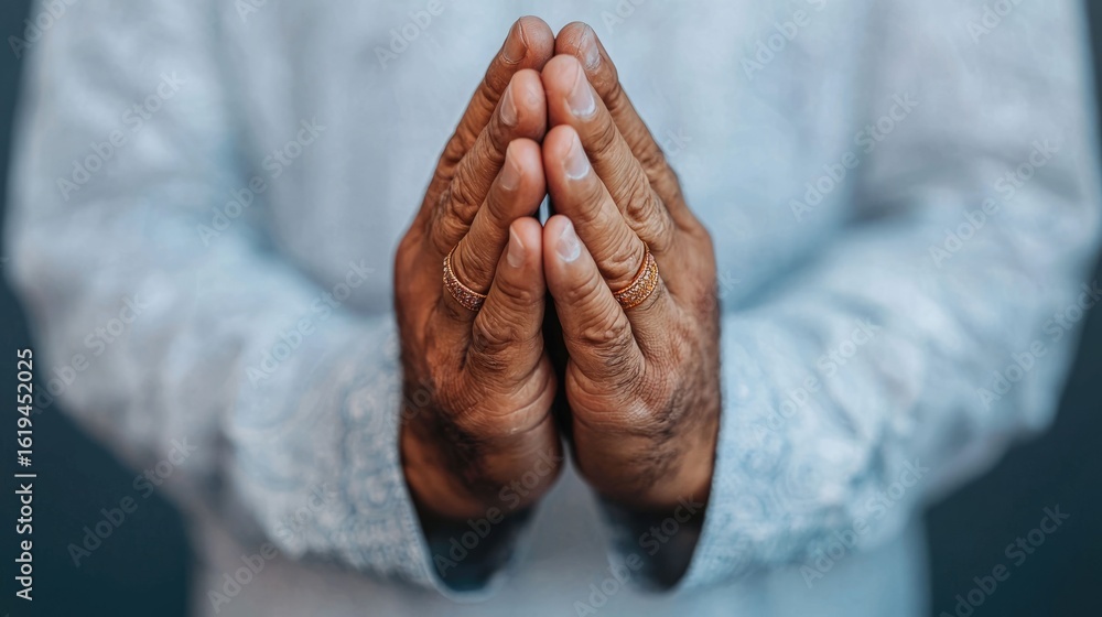 Fototapeta premium Close up of hands in prayer wearing a traditional Islamic ring The image conveys a sense of spiritual devotion faith and connection to higher powers through the reverent gesture of prayer