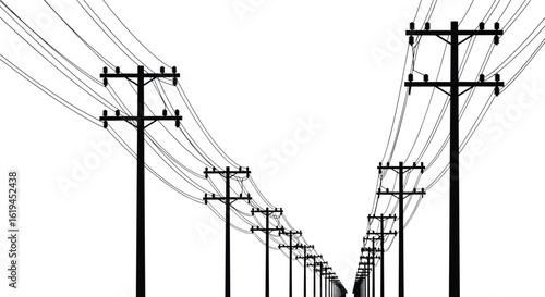 Long row of utility electric poles with power cables, black silhouette vector illustration showing energy distribution and rural power infrastructure