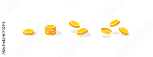 Flat gold coin vector set with shadow in various positions. Perfect for finance, game UI, cryptocurrency, banking, savings, investment, and money-related digital or print design projects