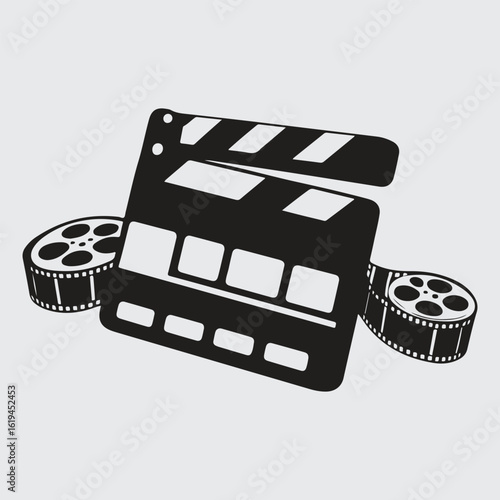 Cinema Clapperboard with Film Reels – Vector Illustration on Light Background