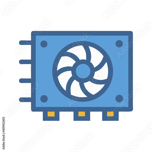 Stylized blue GPU card fan vector graphic isolated image