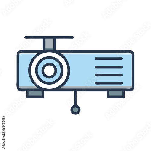Isolated blue projector design with lens and gray stands