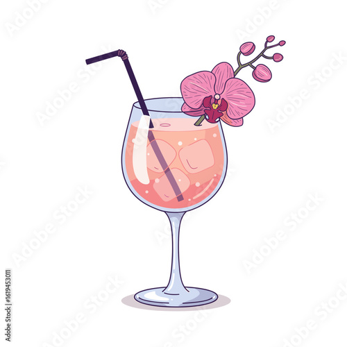 Refreshing pink cocktail with straw and flower garnish  