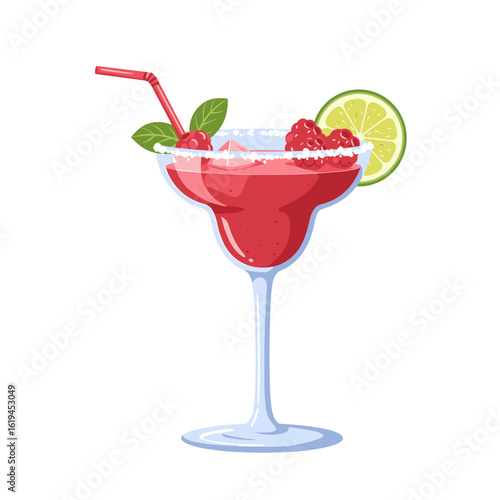 Frozen raspberry cocktail with lime and mint in glass  