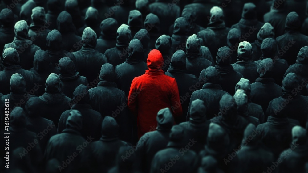 Obraz premium One Red Hood in a Sea of Grey.