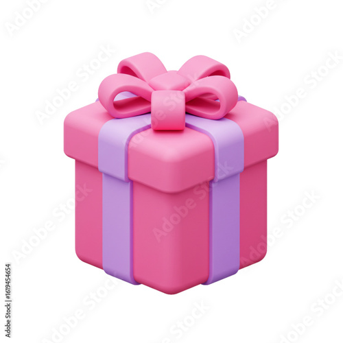 Pink gift box with ribbon and bow in 3D style  