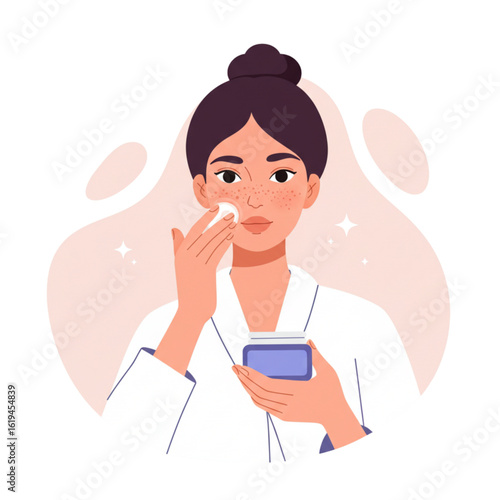 Young woman applying skincare product while looking in the mirror  