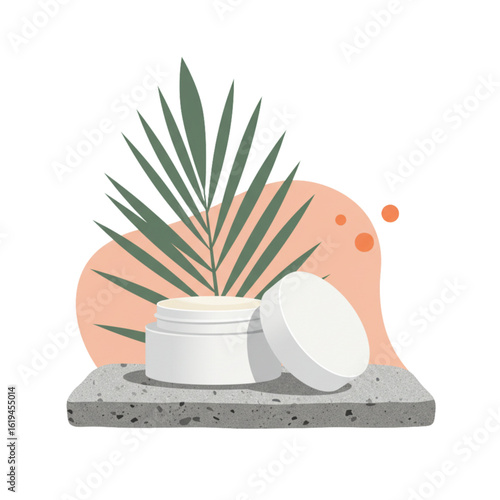 Skincare cream jar on stone with palm leaf background and shapes  