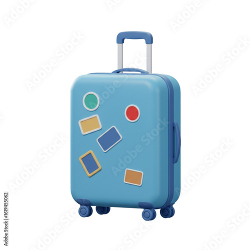 Colorful rolling suitcase with travel stickers on a blue background  