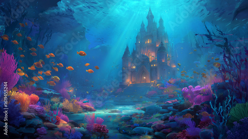 Underwater castle with fish and coral reef in a vibrant blue ocean setting