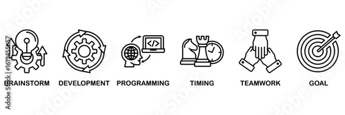 Hackathon icon set vector illustration concept with icon of design sprint-like social coding event with icon of brainstorm, development, programming, timing, speed, teamwork, and goal