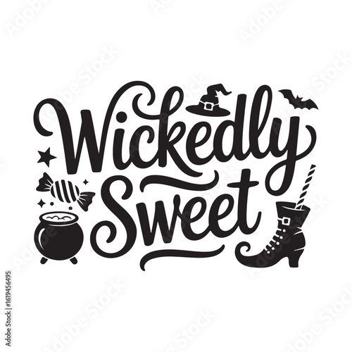 Wickedly Sweet Halloween Design Featuring Witch Hat Boot Bat and Candy