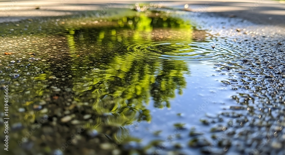 Fototapeta premium Photo of reflection of a tree in a puddle on a sunny day in the park