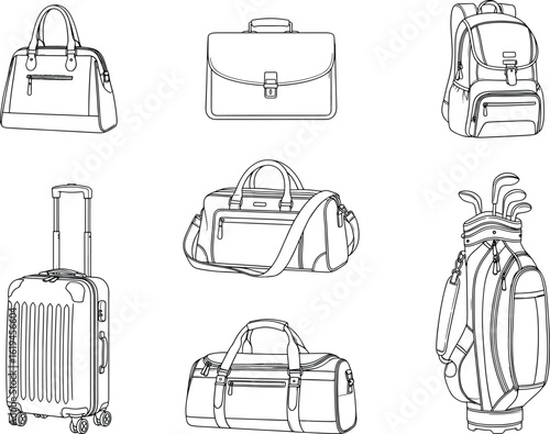 Set of Bags and Luggage Line Art Illustrations. Includes handbag, briefcase, backpack, suitcase, duffel bag, and golf bag.