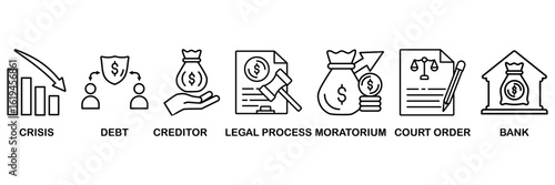Bankruptcy icon set vector illustration concept with icon of crisis, debt, creditor, legal process, moratorium, court order, and bank