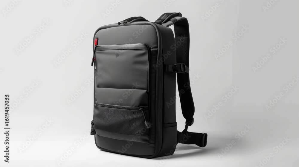 Fototapeta premium This sleek black backpack, perfect for carrying electronics, looks ready for adventures. It blends organization with a minimalist urban aesthetic.