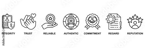 Credibility icon set vector illustration concept with icon of integrity, trust, reliable, authentic, commitment, regard, and reputation
