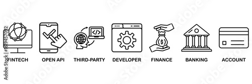 Open banking icon set vector illustration concept with icon of financial technology with an icon of the fintech, coding, open API, finance, banking, third party developer, and account