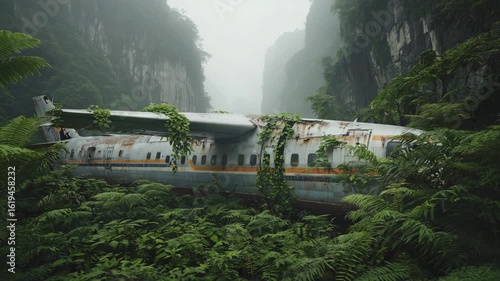Forgotten airplane lost in dense jungle