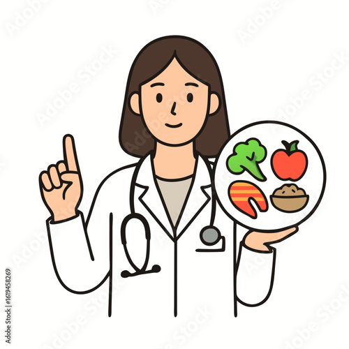 Female doctor pointing and holding a plate of healthy food options, promoting nutrition and wellness in a medical setting with a friendly expression.
