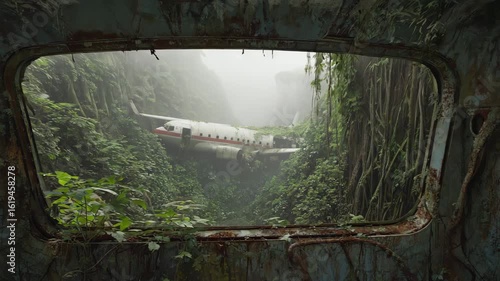 Overgrown plane wreck in dense jungle