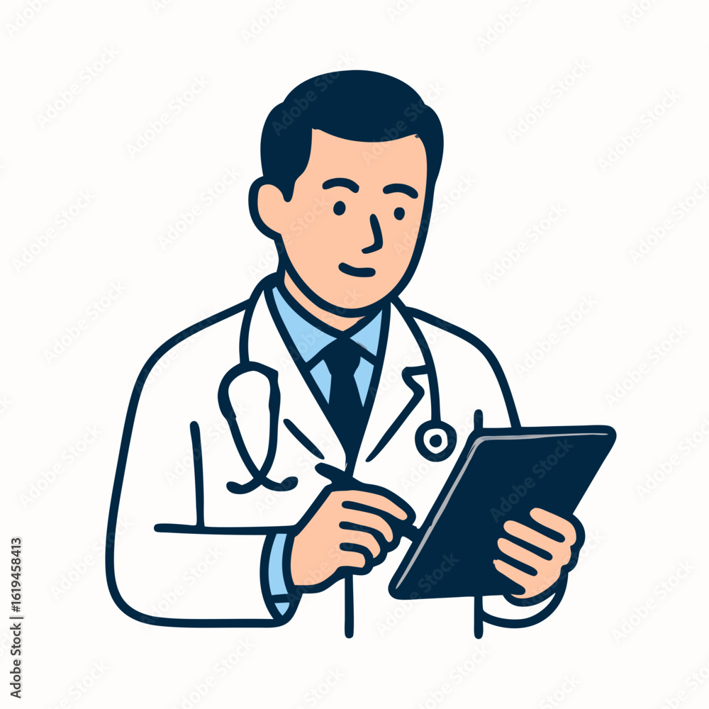A male doctor in a white coat examines a tablet with a stethoscope around his neck in a clinical setting. A male doctor in a white coat examines a tablet with a stethoscope around his neck in a clinical setting.