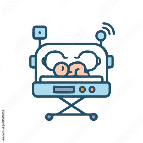 Newborn baby in an incubator with a serene expression receiving medical care
