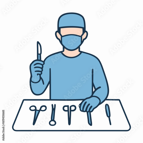 Surgeon in blue scrubs and mask holds up scalpel with medical tools on tray